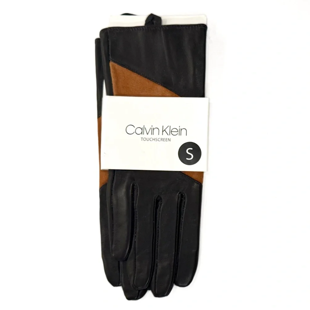 Calvin Klein Tan Black Leather Touchscreen Gloves NWT